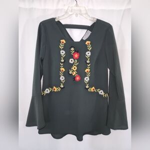Ruff Hewn Dark Green Embroidered Blouse Size XS #Bohemian #Feminine Style New